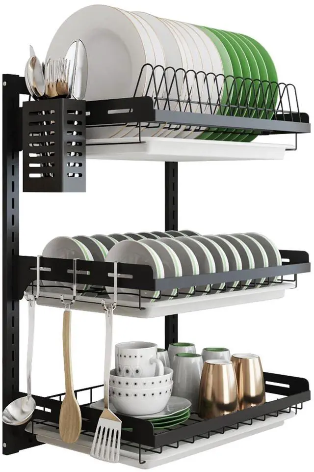 Main image of junyuan Hanging Dish Drying Rack Wall Mount,Dish Racks Drainer,3 Tier Kitchen Plate Organizer Storage Shelf with Drain Tray with 3 Hooks,Stainless Steel Black Large Ajustable Height