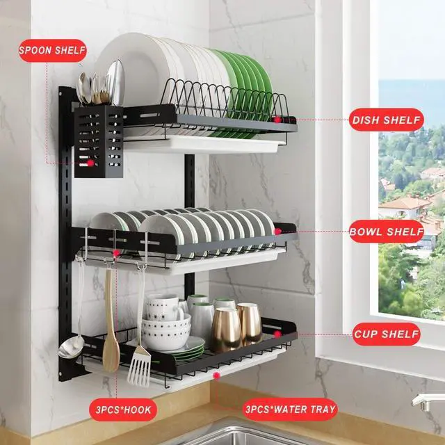 Alt view image 2 of 7 - junyuan Hanging Dish Drying Rack Wall Mount,Dish Racks Drainer,3 Tier Kitchen Plate Organizer Storage Shelf with Drain Tray with 3 Hooks,Stainless Steel Black Large Ajustable Height
