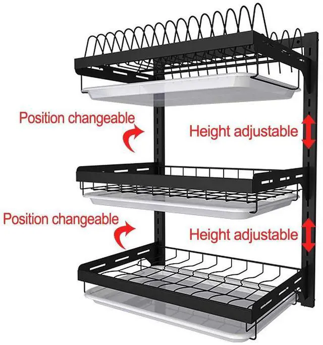 Alt view image 3 of 7 - junyuan Hanging Dish Drying Rack Wall Mount,Dish Racks Drainer,3 Tier Kitchen Plate Organizer Storage Shelf with Drain Tray with 3 Hooks,Stainless Steel Black Large Ajustable Height