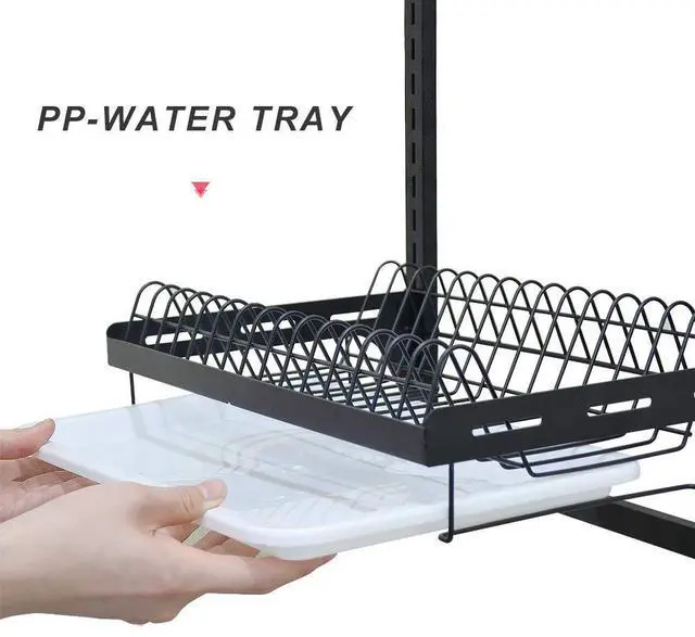 Alt view image 6 of 7 - junyuan Hanging Dish Drying Rack Wall Mount,Dish Racks Drainer,3 Tier Kitchen Plate Organizer Storage Shelf with Drain Tray with 3 Hooks,Stainless Steel Black Large Ajustable Height