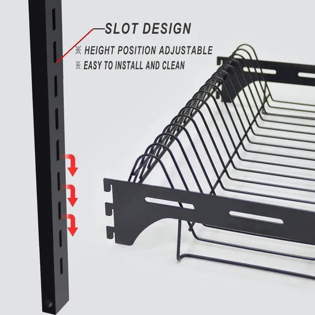 Alt view image 5 of 7 - junyuan Hanging Dish Drying Rack Wall Mount,Dish Racks Drainer,3 Tier Kitchen Plate Organizer Storage Shelf with Drain Tray with 3 Hooks,Stainless Steel Black Large Ajustable Height