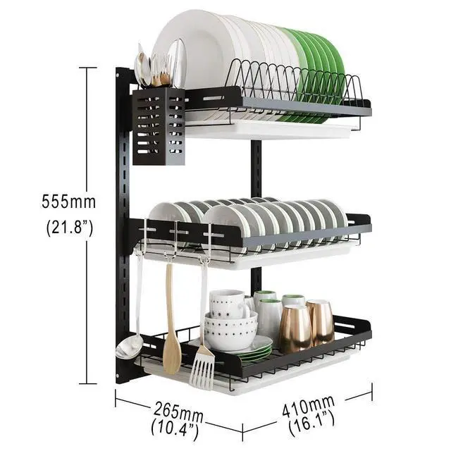 Alt view image 7 of 7 - junyuan Hanging Dish Drying Rack Wall Mount,Dish Racks Drainer,3 Tier Kitchen Plate Organizer Storage Shelf with Drain Tray with 3 Hooks,Stainless Steel Black Large Ajustable Height