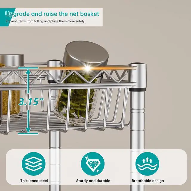 Alt view image 4 of 7 - SINGAYE Shelf Storage Wire ShelvingShelves Rack Standing Units with Wheels Closet Organizers Metal Pantry Kitchen Laundry Room Adjustable 13.5" D x 13.5" W x 63" H Silver