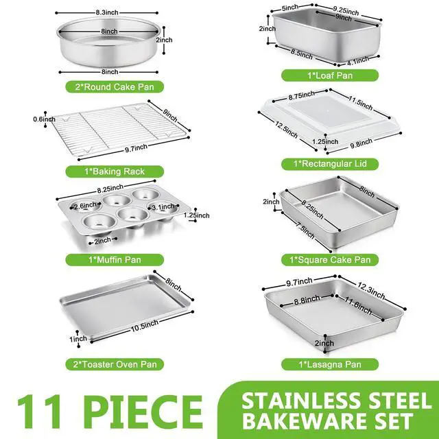 Alt view image 2 of 7 - Bakeware Sets of 11, P&P CHEF Stainless Steel Baking Pans Set, Includes Baking Sheets and Rack, Lasagna Pan with Lid, Round/Square Cake Pan, Muffin Pans, Loaf Pan, Reusable & Durable