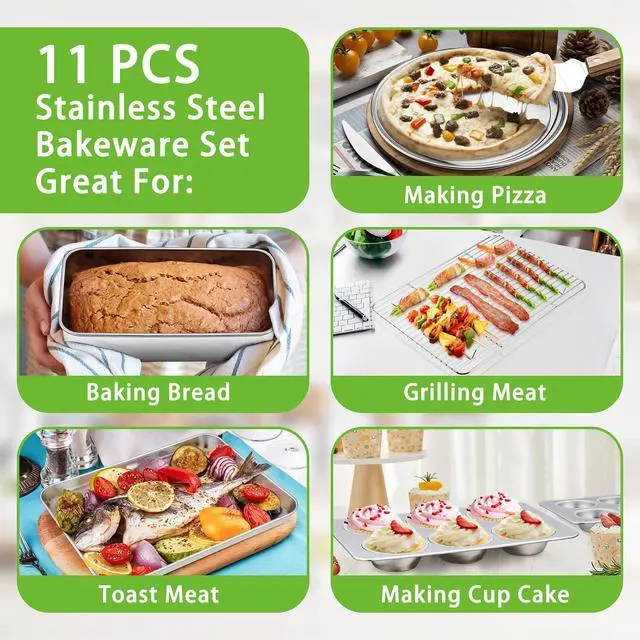 Alt view image 4 of 7 - Bakeware Sets of 11, P&P CHEF Stainless Steel Baking Pans Set, Includes Baking Sheets and Rack, Lasagna Pan with Lid, Round/Square Cake Pan, Muffin Pans, Loaf Pan, Reusable & Durable