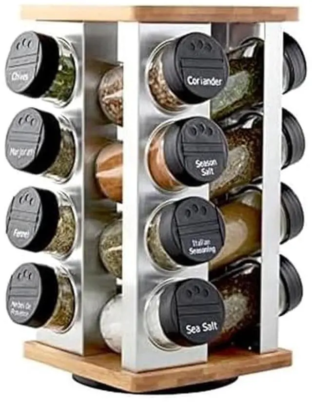 Main image of Kamenstein 16 Jar Warner Revolving Countertop Spice Rack Organizer with Lift & Pour Caps and Spices Included, FREE Spice Refills for 5 years, Stainless Steel & Bamboo with Black Caps