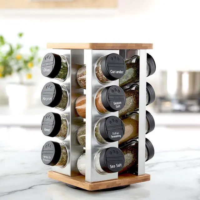 Alt view image 3 of 6 - Kamenstein 16 Jar Warner Revolving Countertop Spice Rack Organizer with Lift & Pour Caps and Spices Included, FREE Spice Refills for 5 years, Stainless Steel & Bamboo with Black Caps