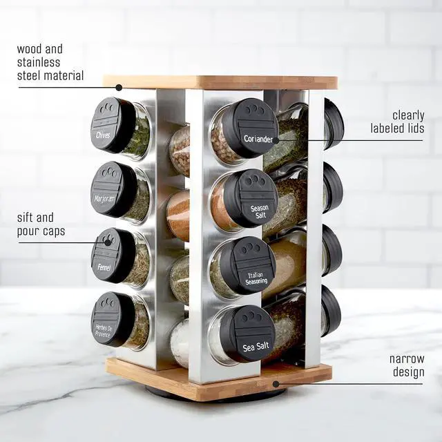 Alt view image 4 of 6 - Kamenstein 16 Jar Warner Revolving Countertop Spice Rack Organizer with Lift & Pour Caps and Spices Included, FREE Spice Refills for 5 years, Stainless Steel & Bamboo with Black Caps