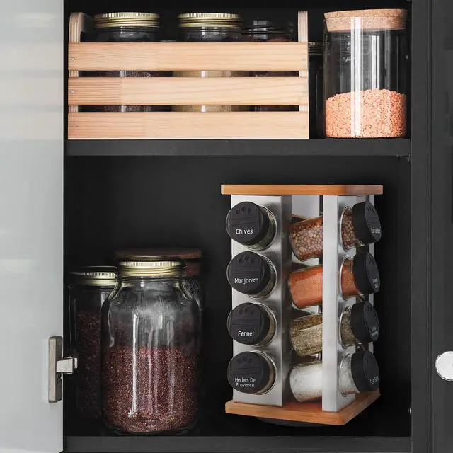 Alt view image 5 of 6 - Kamenstein 16 Jar Warner Revolving Countertop Spice Rack Organizer with Lift & Pour Caps and Spices Included, FREE Spice Refills for 5 years, Stainless Steel & Bamboo with Black Caps