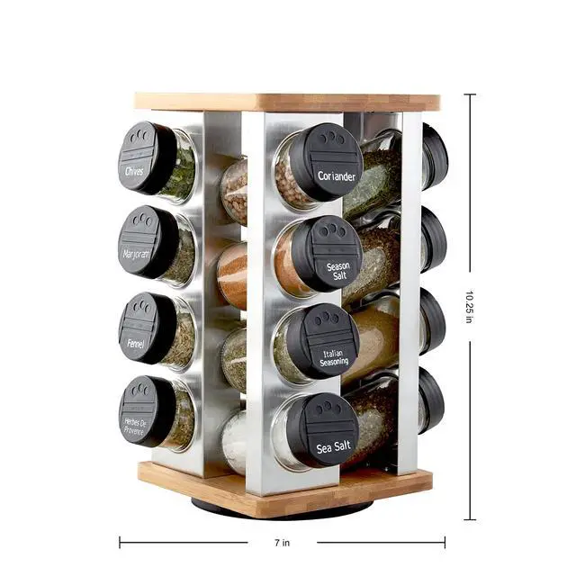 Alt view image 2 of 6 - Kamenstein 16 Jar Warner Revolving Countertop Spice Rack Organizer with Lift & Pour Caps and Spices Included, FREE Spice Refills for 5 years, Stainless Steel & Bamboo with Black Caps