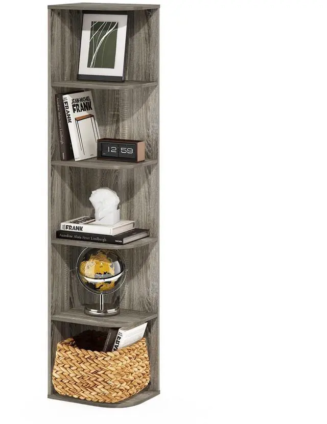 Main image of Furinno PASIR Book Shelf, 5-Tier Corner Bookshelf with Open Shelf, Standing Bookcase, 9.3 x 12 x 51.7, for Organization and Storage, for Living Room, Bedroom, Home Office, French Oak