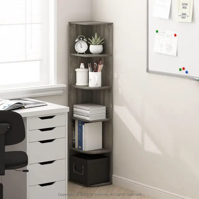 Alt view image 2 of 7 - Furinno PASIR Book Shelf, 5-Tier Corner Bookshelf with Open Shelf, Standing Bookcase, 9.3 x 12 x 51.7, for Organization and Storage, for Living Room, Bedroom, Home Office, French Oak