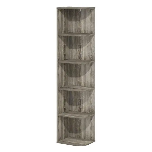 Alt view image 6 of 7 - Furinno PASIR Book Shelf, 5-Tier Corner Bookshelf with Open Shelf, Standing Bookcase, 9.3 x 12 x 51.7, for Organization and Storage, for Living Room, Bedroom, Home Office, French Oak