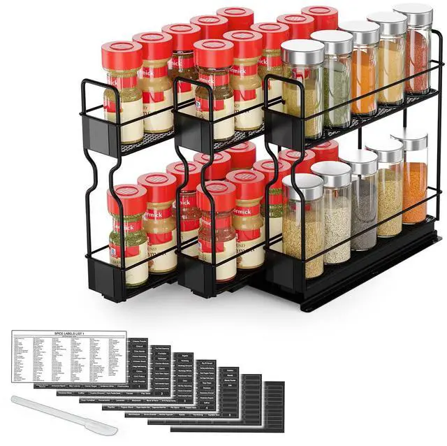 Main image of SpaceAid Pull Out Spice Rack Organizer, Heavy Duty Slide Out Seasoning Kitchen Organizer, Cabinet Organizer, with Labels, 7.7" W x10.75 D x10 H, 3 Drawers 2-Tier