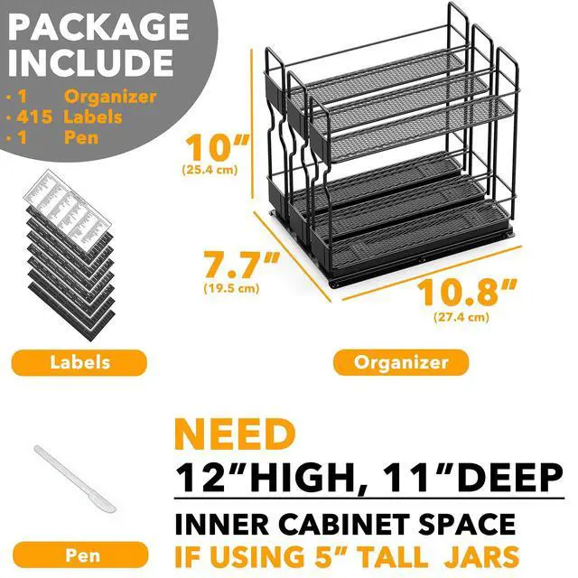 Alt view image 6 of 6 - SpaceAid Pull Out Spice Rack Organizer, Heavy Duty Slide Out Seasoning Kitchen Organizer, Cabinet Organizer, with Labels, 7.7" W x10.75 D x10 H, 3 Drawers 2-Tier