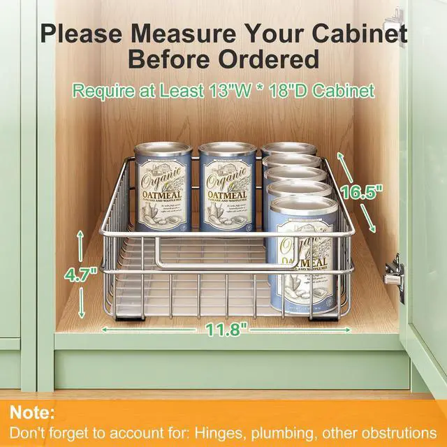 Alt view image 2 of 7 - Pull out Cabinet Organizer, Stainless Steel 2-Pack Slide out Drawer with Silent Full-Extension Slides, Adhesive Roll out Can Spice Storage Basket Shelf Rack for Pantry, Kitchen, Bathroom, Home Closet