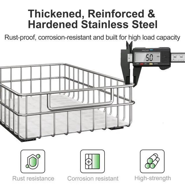 Alt view image 3 of 7 - Pull out Cabinet Organizer, Stainless Steel 2-Pack Slide out Drawer with Silent Full-Extension Slides, Adhesive Roll out Can Spice Storage Basket Shelf Rack for Pantry, Kitchen, Bathroom, Home Closet