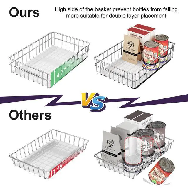 Alt view image 6 of 7 - Pull out Cabinet Organizer, Stainless Steel 2-Pack Slide out Drawer with Silent Full-Extension Slides, Adhesive Roll out Can Spice Storage Basket Shelf Rack for Pantry, Kitchen, Bathroom, Home Closet