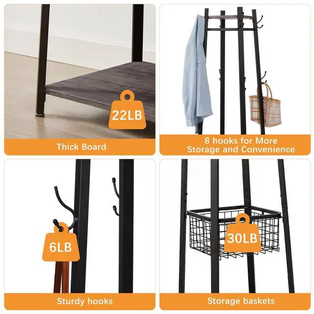 Alt view image 3 of 7 - VECELO Coat Rack Freestanding,Hall Tree with Metal Basket and Storage Shelves,Industrial Coat Rack Stand with 8 Hooks for Hanging Coats/Hats/Bags/Umbrellas,18 x 18 x 72 In,Antique Brown
