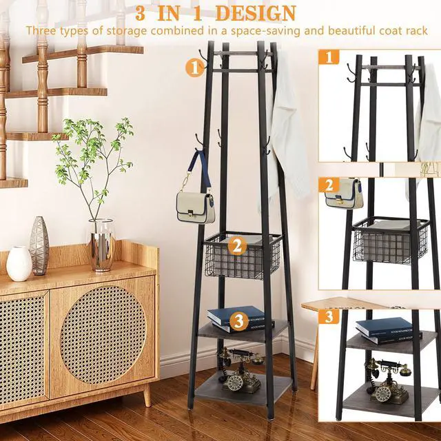 Alt view image 4 of 7 - VECELO Coat Rack Freestanding,Hall Tree with Metal Basket and Storage Shelves,Industrial Coat Rack Stand with 8 Hooks for Hanging Coats/Hats/Bags/Umbrellas,18 x 18 x 72 In,Antique Brown