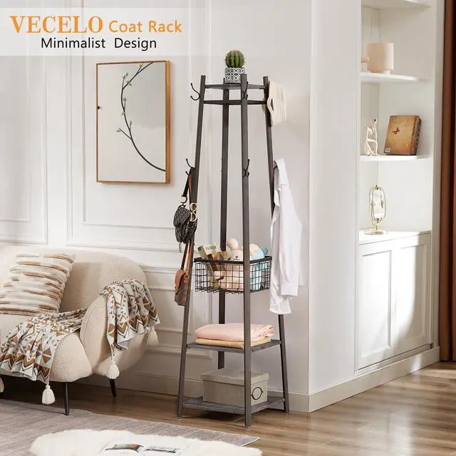 Alt view image 2 of 7 - VECELO Coat Rack Freestanding,Hall Tree with Metal Basket and Storage Shelves,Industrial Coat Rack Stand with 8 Hooks for Hanging Coats/Hats/Bags/Umbrellas,18 x 18 x 72 In,Antique Brown