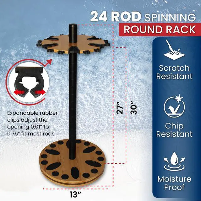 Alt view image 2 of 7 - Rush Creek Creations 24 Rod Fishing Pole Holder - 360° Rotating Rack for Garage Organization and Storage, Reels, Gear, Accessories, Tackle Box