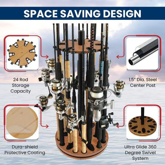 Alt view image 3 of 7 - Rush Creek Creations 24 Rod Fishing Pole Holder - 360° Rotating Rack for Garage Organization and Storage, Reels, Gear, Accessories, Tackle Box