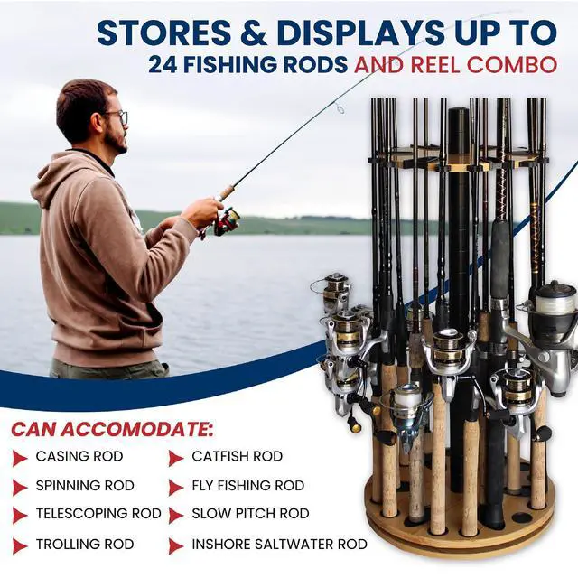 Alt view image 5 of 7 - Rush Creek Creations 24 Rod Fishing Pole Holder - 360° Rotating Rack for Garage Organization and Storage, Reels, Gear, Accessories, Tackle Box