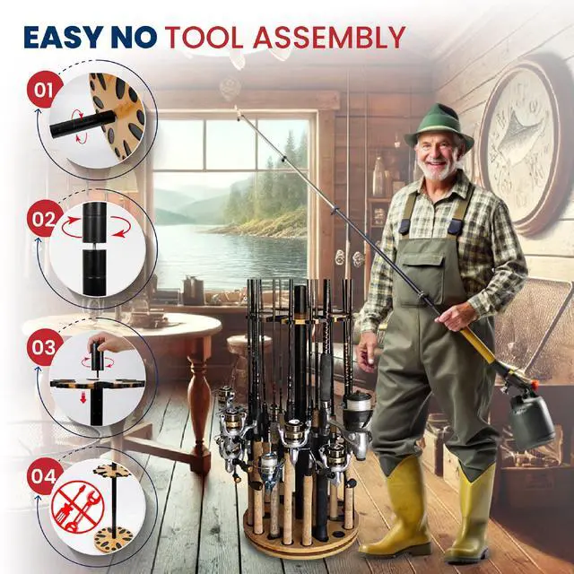 Alt view image 6 of 7 - Rush Creek Creations 24 Rod Fishing Pole Holder - 360° Rotating Rack for Garage Organization and Storage, Reels, Gear, Accessories, Tackle Box