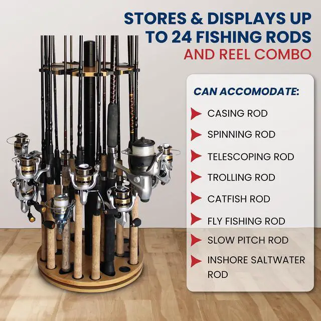 Alt view image 7 of 7 - Rush Creek Creations 24 Rod Fishing Pole Holder - 360° Rotating Rack for Garage Organization and Storage, Reels, Gear, Accessories, Tackle Box
