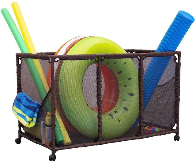 Main image of Pool Bins Pool Noodles Holder, Toys, Balls, Floats and Equipment Mesh Rolling Storage Organizer Bin, Kids Height, Large (25" L x 43" W x 28" H), Brown