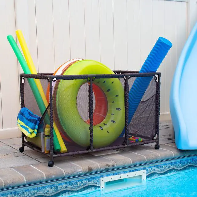 Alt view image 3 of 6 - Pool Bins Pool Noodles Holder, Toys, Balls, Floats and Equipment Mesh Rolling Storage Organizer Bin, Kids Height, Large (25" L x 43" W x 28" H), Brown