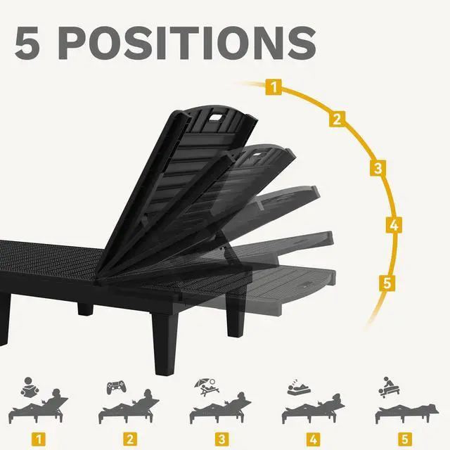 Alt view image 3 of 7 - DWVO Outdoor Plastic Chaise Lounger, Poolside Lounge Chair w/5-Position Adjustable Backrest, Waterproof & Easy Setup for Patio, Poolside, Garden (Black, 1 PC)