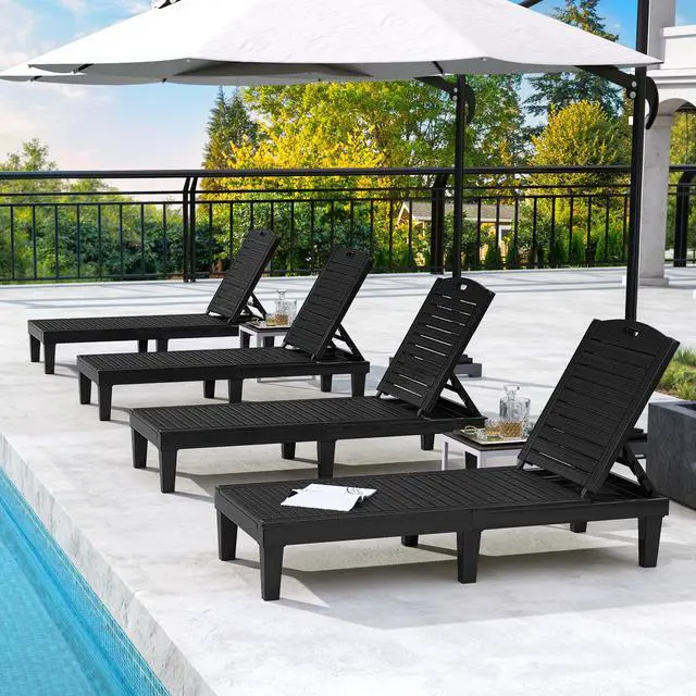 Alt view image 6 of 7 - DWVO Outdoor Plastic Chaise Lounger, Poolside Lounge Chair w/5-Position Adjustable Backrest, Waterproof & Easy Setup for Patio, Poolside, Garden (Black, 1 PC)