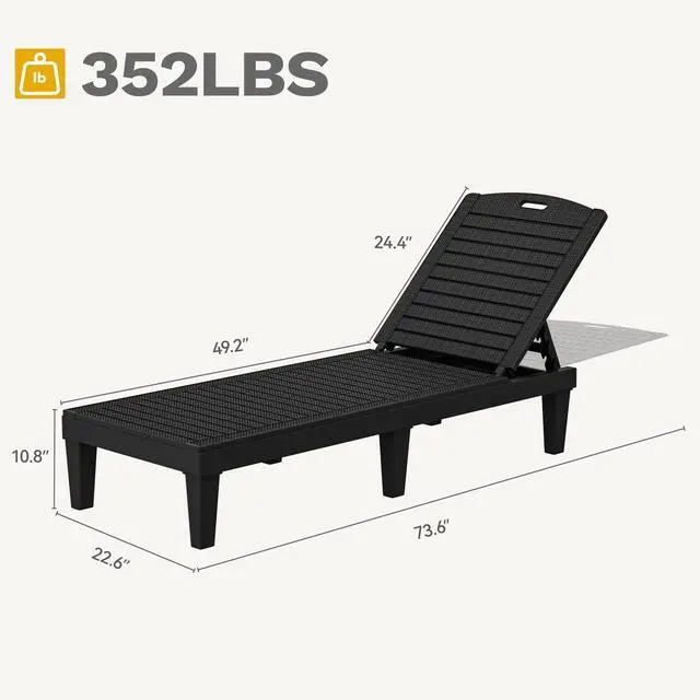 Alt view image 7 of 7 - DWVO Outdoor Plastic Chaise Lounger, Poolside Lounge Chair w/5-Position Adjustable Backrest, Waterproof & Easy Setup for Patio, Poolside, Garden (Black, 1 PC)