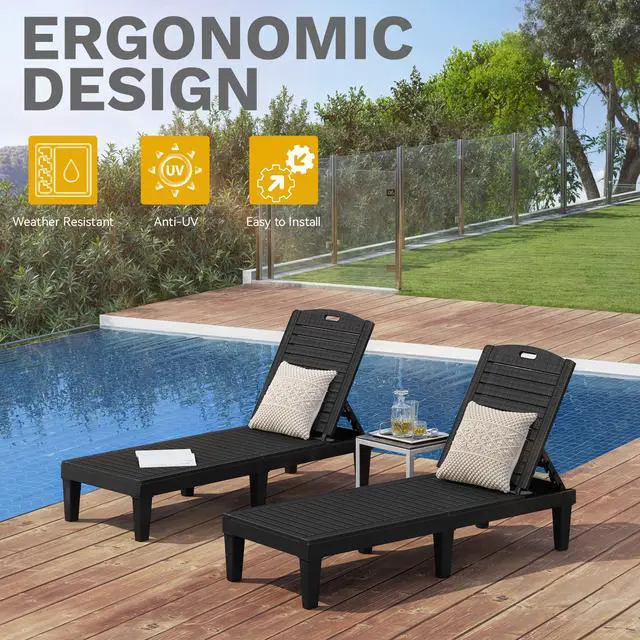 Alt view image 5 of 7 - DWVO Outdoor Plastic Chaise Lounger, Poolside Lounge Chair w/5-Position Adjustable Backrest, Waterproof & Easy Setup for Patio, Poolside, Garden (Black, 1 PC)