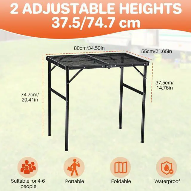 Alt view image 2 of 7 - FUNYKICH Wider and Taller Grill Table 31.5''x21.6'', Max Height 29.4'' Portable Camping Tables, 2 Height Adjustable Lightweight Metal BBQ Table with Carry Handle for Camping, Picnic, BBQ, Black