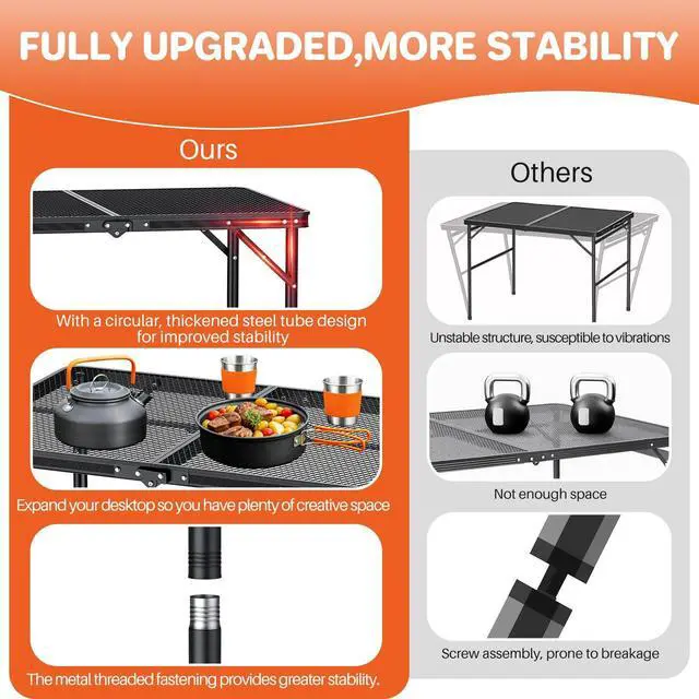Alt view image 3 of 7 - FUNYKICH Wider and Taller Grill Table 31.5''x21.6'', Max Height 29.4'' Portable Camping Tables, 2 Height Adjustable Lightweight Metal BBQ Table with Carry Handle for Camping, Picnic, BBQ, Black