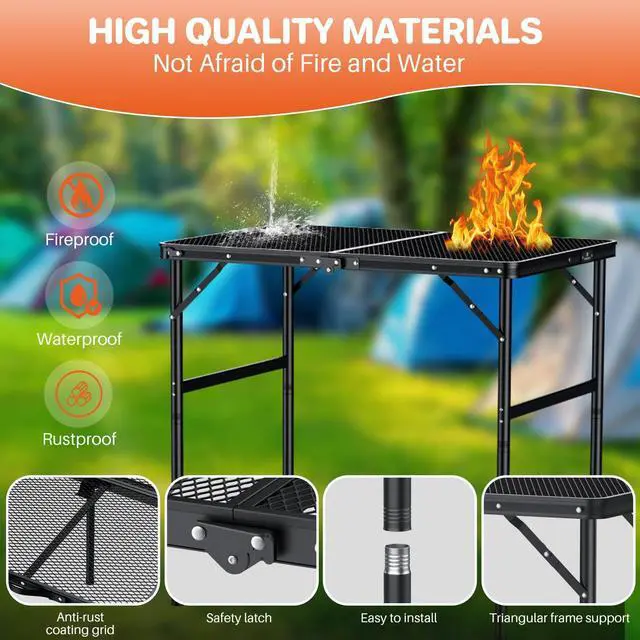 Alt view image 4 of 7 - FUNYKICH Wider and Taller Grill Table 31.5''x21.6'', Max Height 29.4'' Portable Camping Tables, 2 Height Adjustable Lightweight Metal BBQ Table with Carry Handle for Camping, Picnic, BBQ, Black