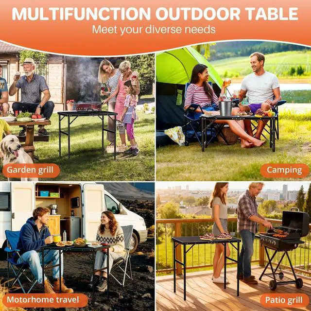 Alt view image 6 of 7 - FUNYKICH Wider and Taller Grill Table 31.5''x21.6'', Max Height 29.4'' Portable Camping Tables, 2 Height Adjustable Lightweight Metal BBQ Table with Carry Handle for Camping, Picnic, BBQ, Black
