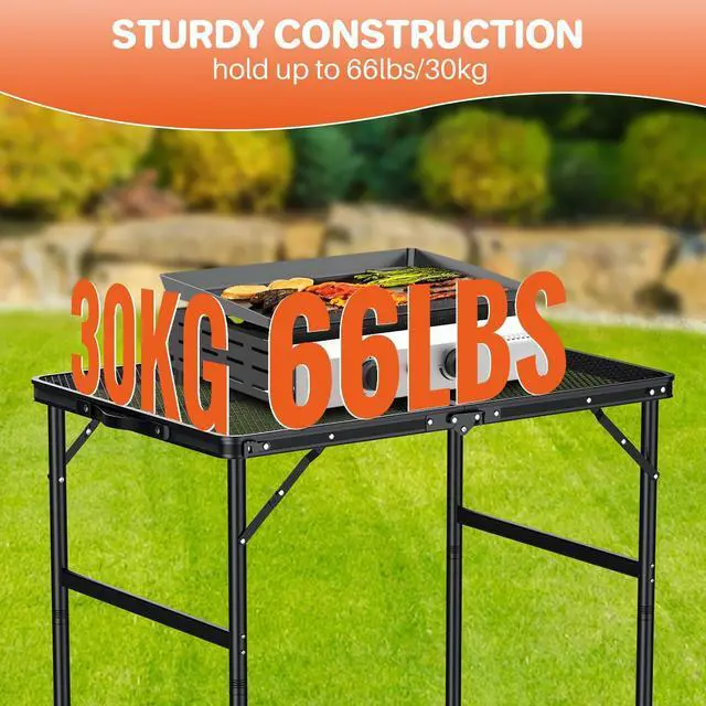 Alt view image 7 of 7 - FUNYKICH Wider and Taller Grill Table 31.5''x21.6'', Max Height 29.4'' Portable Camping Tables, 2 Height Adjustable Lightweight Metal BBQ Table with Carry Handle for Camping, Picnic, BBQ, Black
