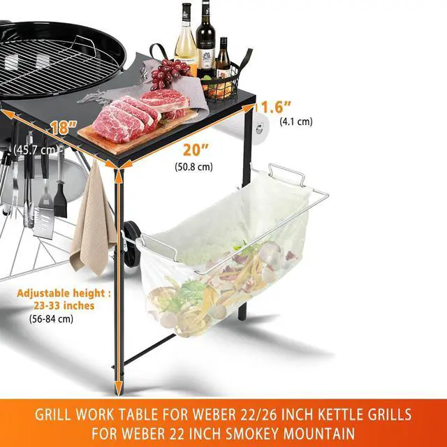 Alt view image 2 of 7 - Grill Side Table for Weber Kettle 22/26, for Weber Smokey Mountain 22 Grill, Grill Work Table for Weber Master Touch, Premium, Kettle Grill Accessories, Adjustable Height Charcoal Kettle Grill Table