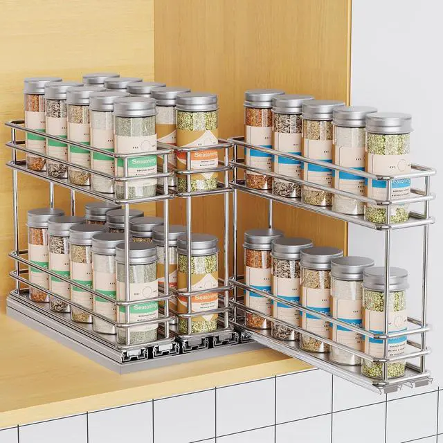 Main image of Mystozer Pull Out Spice Rack Organizer for Cabinet, Slide Out Spice Racks, Easy to Install Spice Cabinet Organizers, 7.4" Wx10.43 Dx8.26 H, 3 Drawers 2 Tiers(Silver)