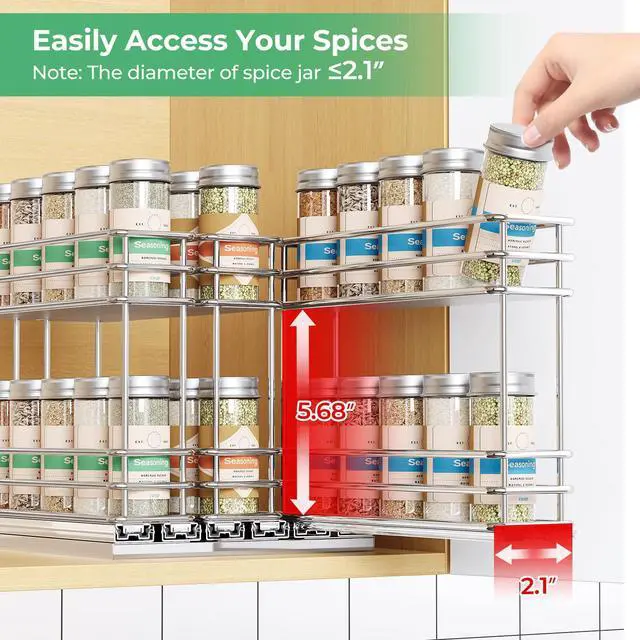 Alt view image 3 of 7 - Mystozer Pull Out Spice Rack Organizer for Cabinet, Slide Out Spice Racks, Easy to Install Spice Cabinet Organizers, 7.4" Wx10.43 Dx8.26 H, 3 Drawers 2 Tiers(Silver)