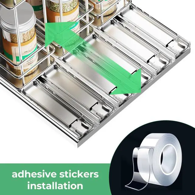 Alt view image 4 of 7 - Mystozer Pull Out Spice Rack Organizer for Cabinet, Slide Out Spice Racks, Easy to Install Spice Cabinet Organizers, 7.4" Wx10.43 Dx8.26 H, 3 Drawers 2 Tiers(Silver)