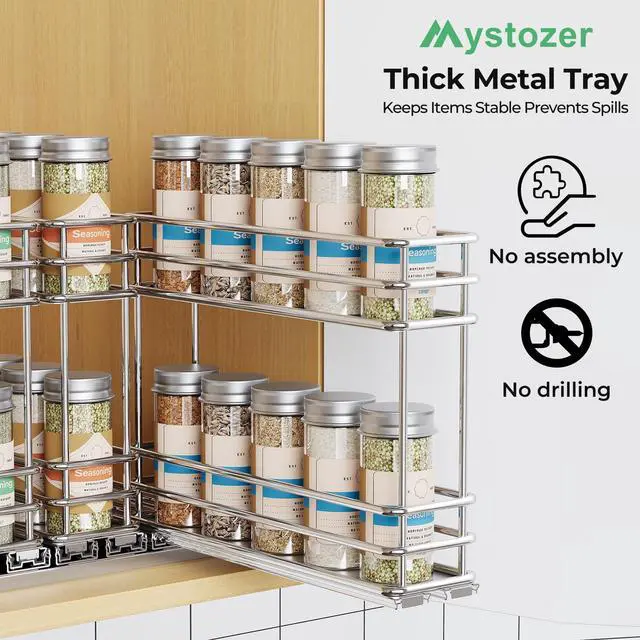 Alt view image 5 of 7 - Mystozer Pull Out Spice Rack Organizer for Cabinet, Slide Out Spice Racks, Easy to Install Spice Cabinet Organizers, 7.4" Wx10.43 Dx8.26 H, 3 Drawers 2 Tiers(Silver)