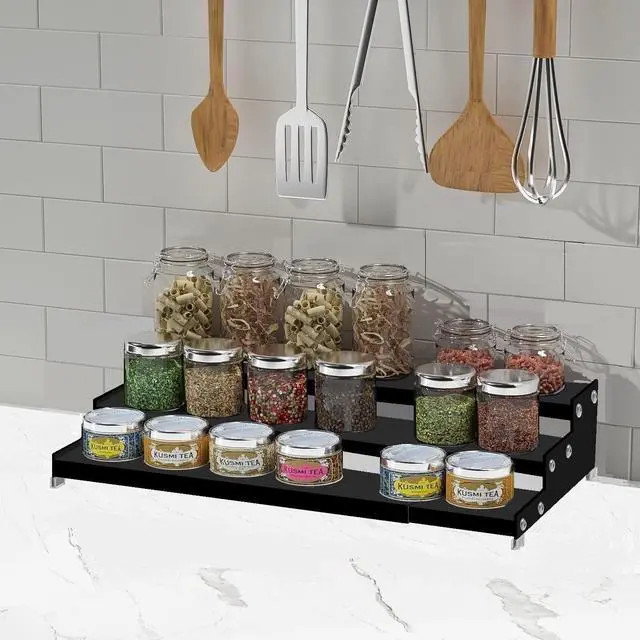 Alt view image 2 of 6 - Jojocross Spice Rack Organizer for Cabinet, 3 Tier Expandable Spices Storage, Great for Kitchen Cabinets, Cupboard,Pantry and Countertop More 2 Packs/Black