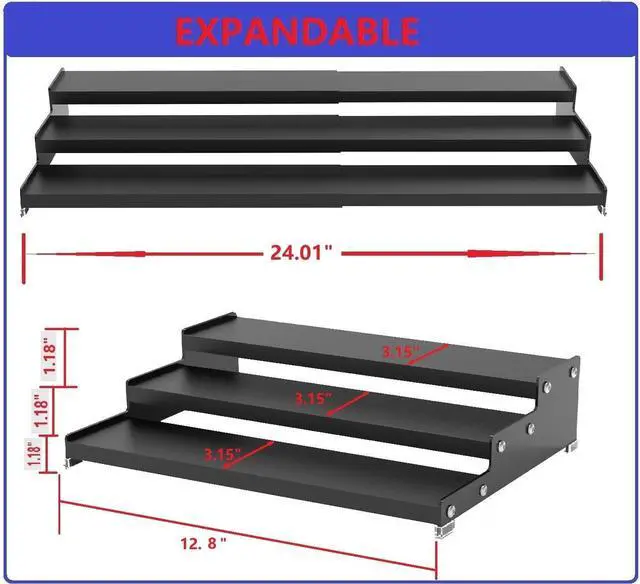 Alt view image 5 of 6 - Jojocross Spice Rack Organizer for Cabinet, 3 Tier Expandable Spices Storage, Great for Kitchen Cabinets, Cupboard,Pantry and Countertop More 2 Packs/Black