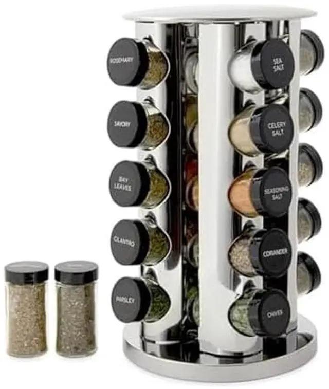 Main image of Kamenstein 20 Jar Revolving Countertop Spice Rack with Spices Included, FREE Spice Refills for 5 Years, Polished Stainless Steel with Black Caps, 30020
