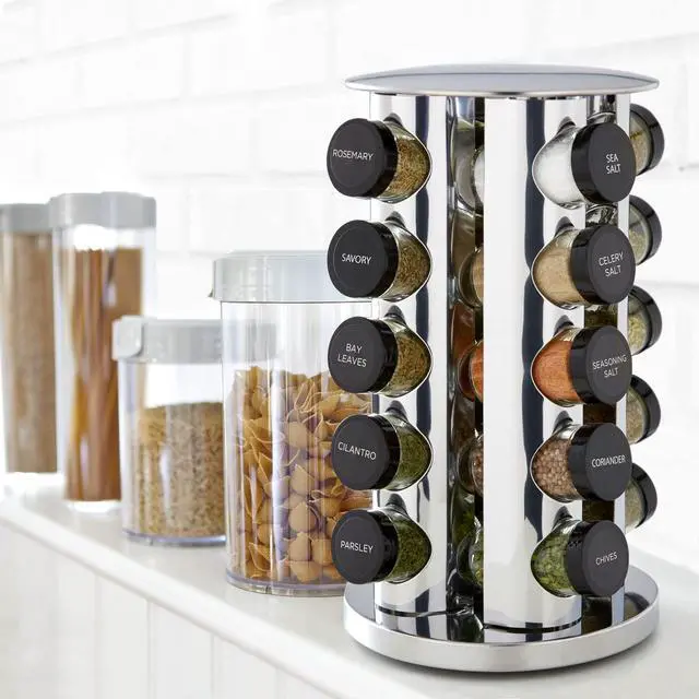 Alt view image 5 of 7 - Kamenstein 20 Jar Revolving Countertop Spice Rack with Spices Included, FREE Spice Refills for 5 Years, Polished Stainless Steel with Black Caps, 30020